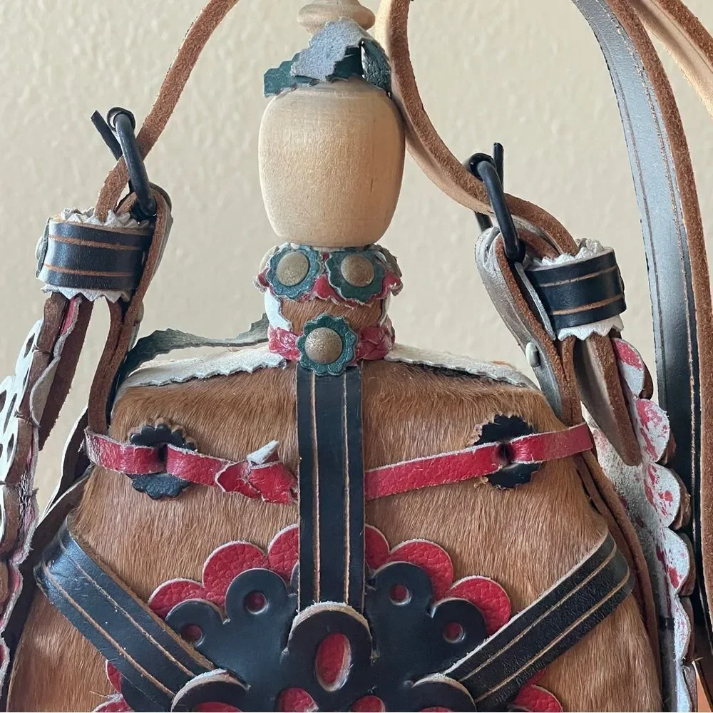 Vintage Hungarian Folk Art Wooden Horsehair Covered Canteen Flask Leather Strap